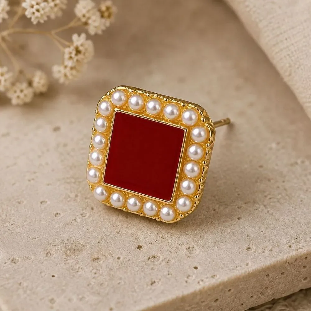 Ruby Red Square Stud Earrings Faux Pearl Border Gold Tone